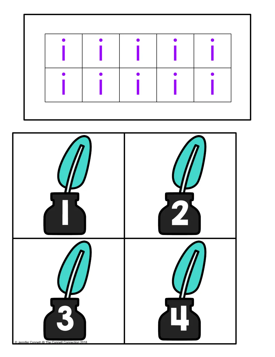 Counting center ten-frame card showing 10 lowercase i letters, plus ink bottle number cards 1, 2, 3, and 4