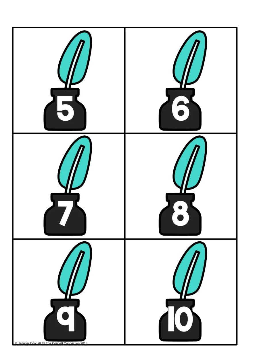 Counting center ink bottle cards numbered 5, 6, 7, 8, 9, and 10 for matching to lowercase i ten-frame cards