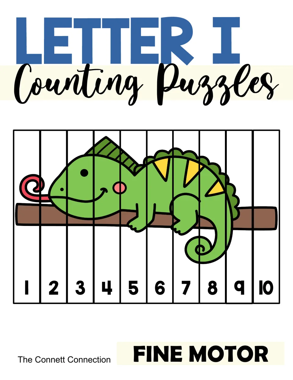 Letter I Counting Puzzles cover: a green lizard on a branch cut into 10 strips numbered 1 to 10, labeled Fine Motor