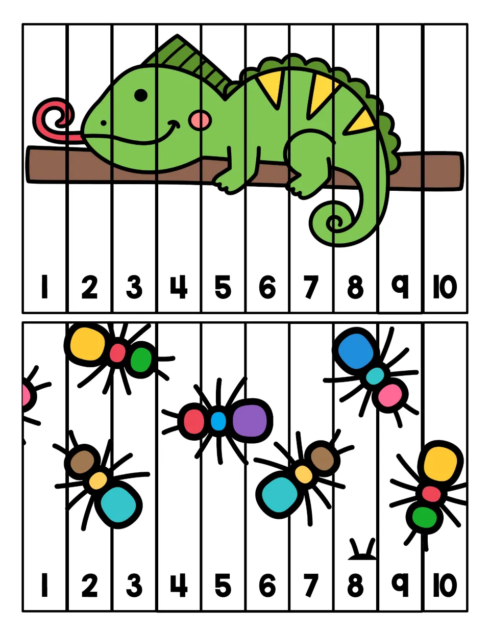 Two strip puzzles, a lizard on a branch and colorful insects: students cut 10 strips and order them 1 to 10 to build each
