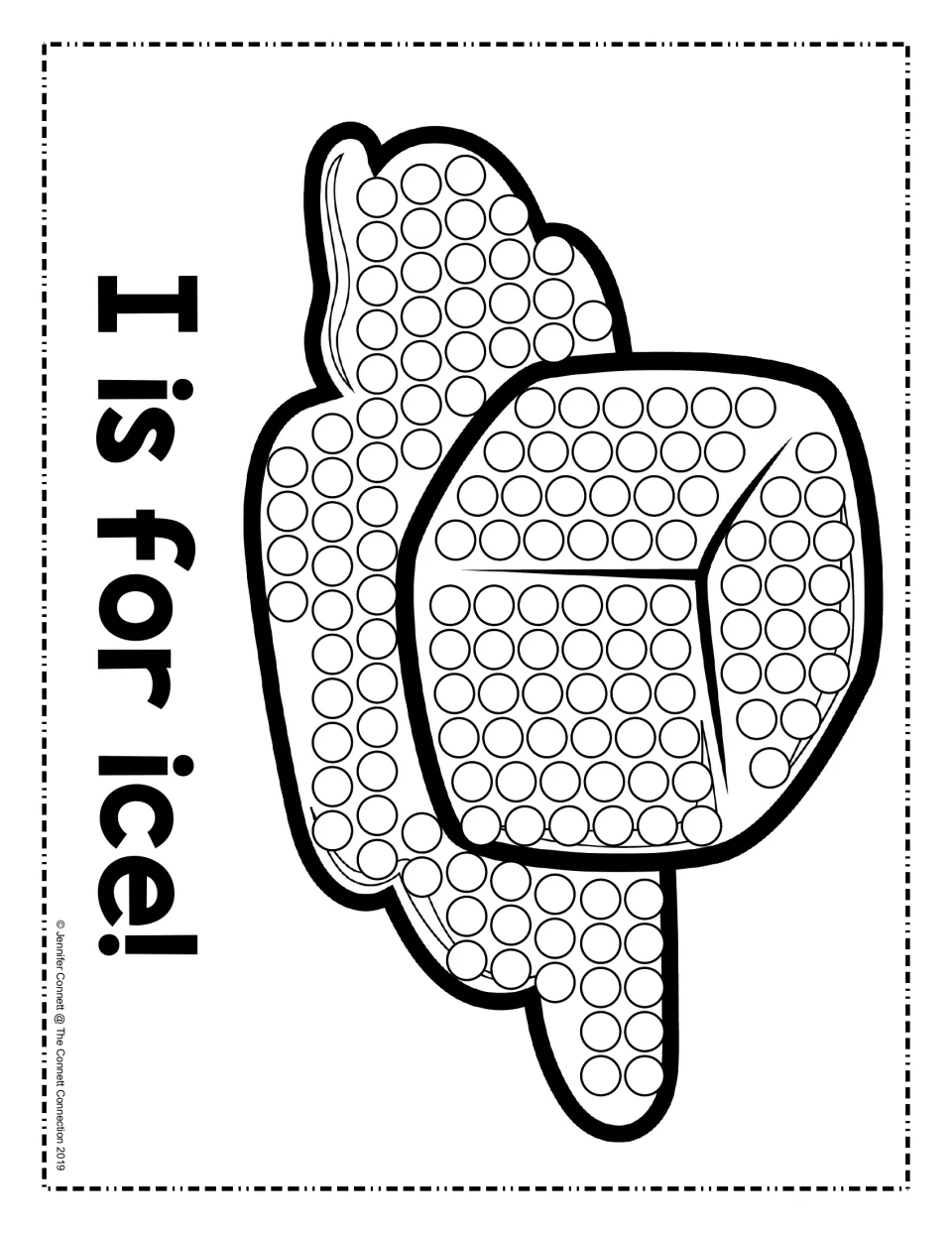 Letter I sound picture, sideways: children dot every circle on an ice cube and puddle labeled "I is for ice!"