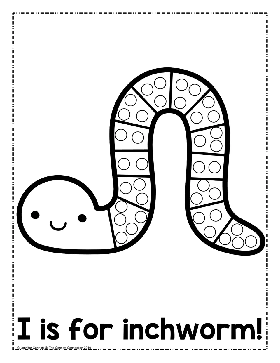 Letter I sound picture: children dab paint in the circles along a smiling inchworm's body for "I is for inchworm!"