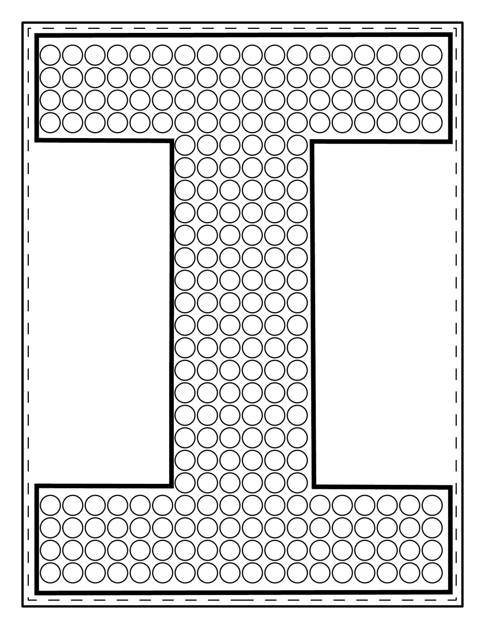Uppercase I: children dab paint in every circle across the top bar, stem and bottom bar of a page-sized capital letter
