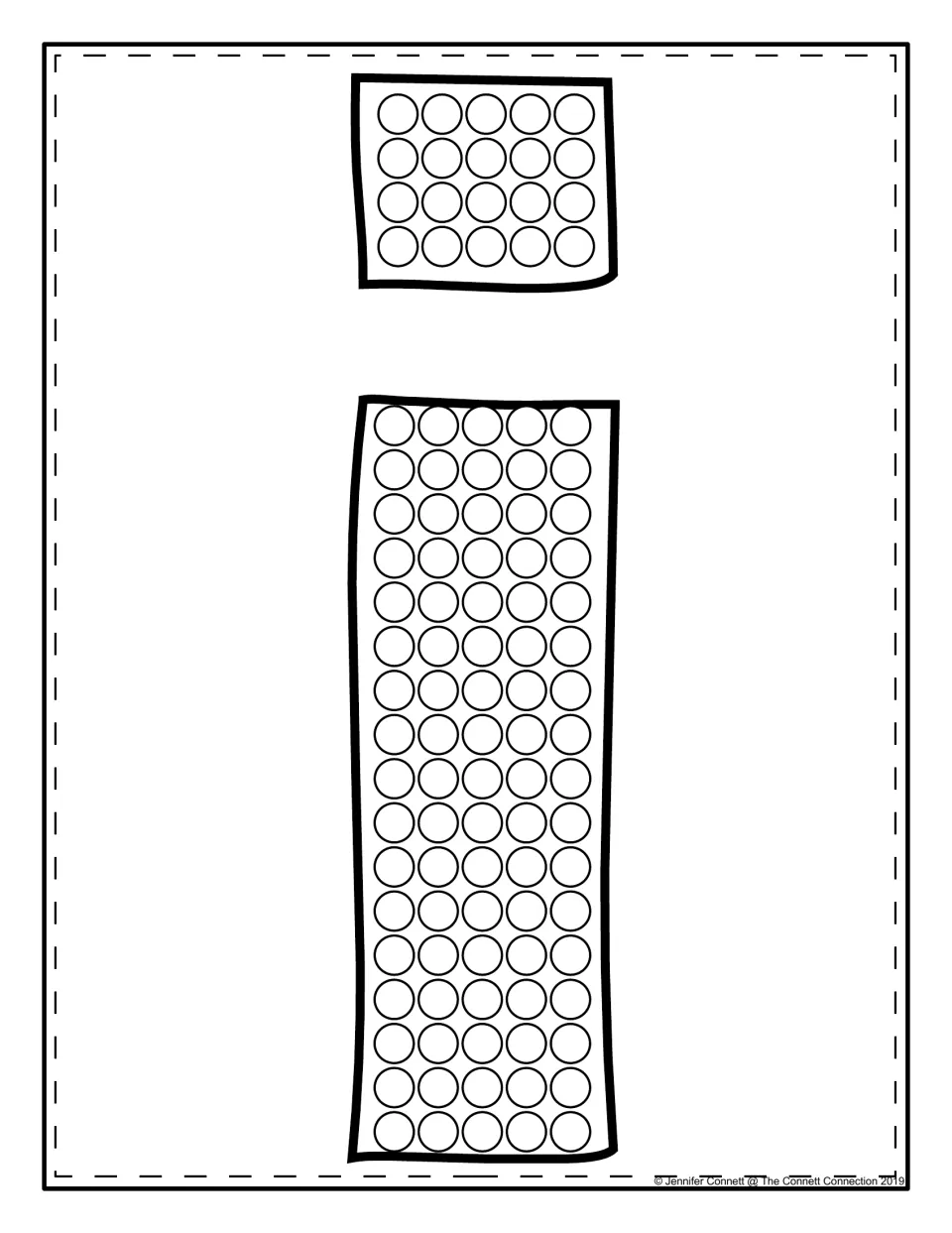 Lowercase i: children dab paint in every circle on the tall stem and the separate dot of a page-sized letter i