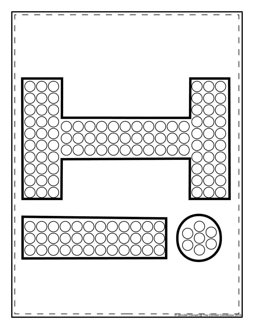 Uppercase and lowercase I, printed sideways: children dot the circles in a capital I, then in the stem and dot of an i