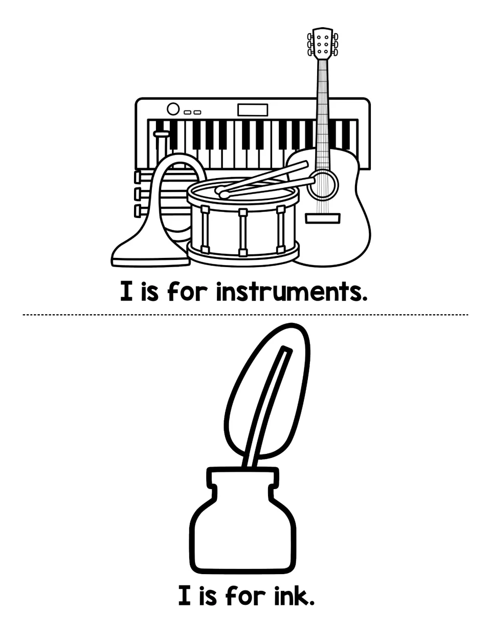 Initial I words: students read I is for instruments with a keyboard, drum, horn and guitar, and I is for ink