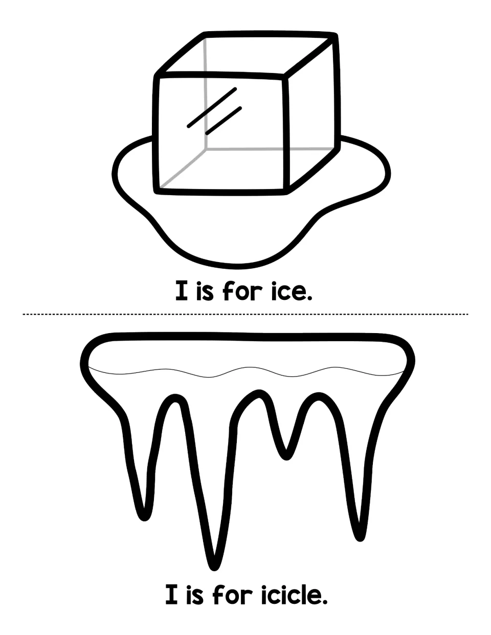 Letter I picture words: students read I is for ice beside a melting ice cube and I is for icicle under icicles