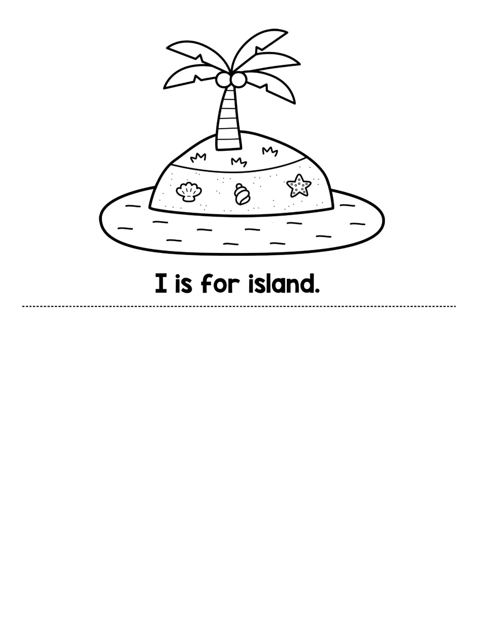Final book page: children read I is for island and color a palm tree island with shells and a starfish; lower half blank