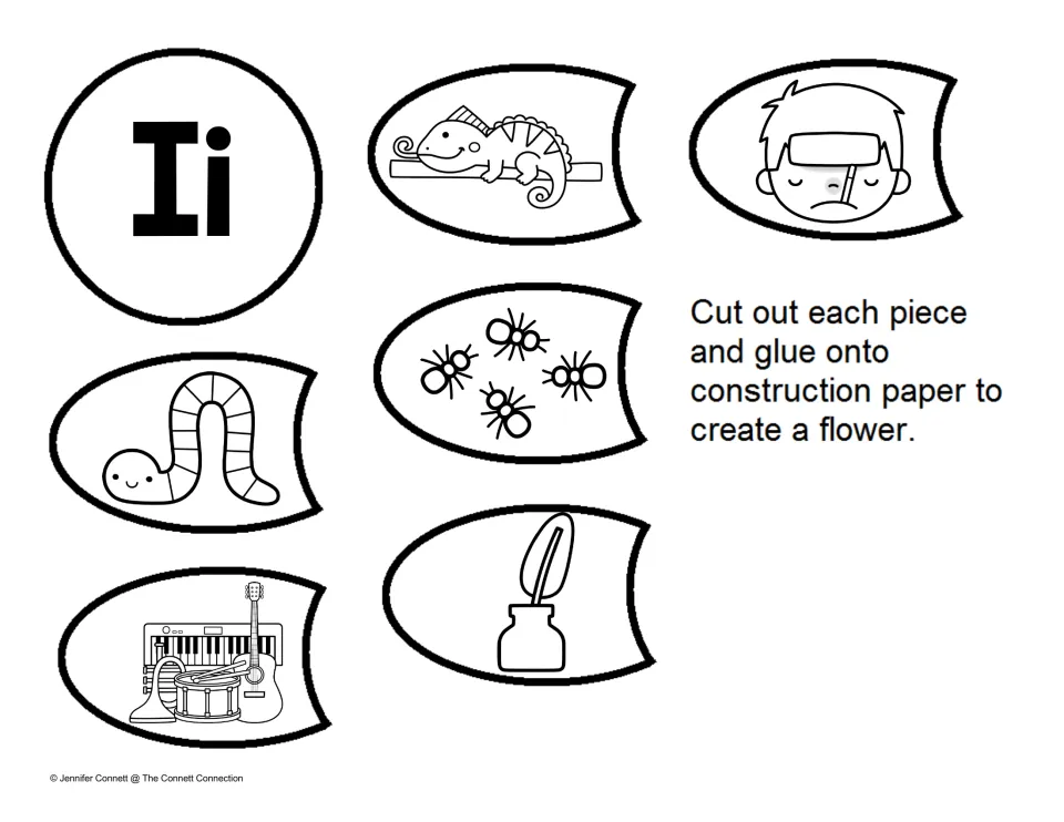 Letter I sounds: students cut out an Ii center and petals showing iguana, ill, insects, inchworm, instruments, ink