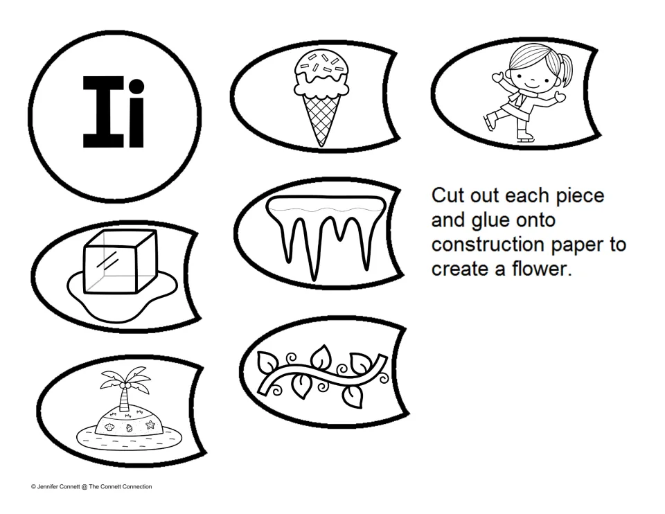 Long i picture petals: students cut out ice cream, ice skater, icicles, ice cube, island and ivy pieces to glue as a flower