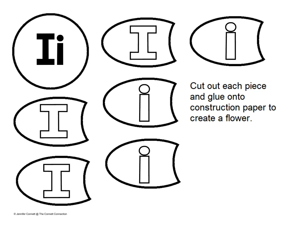 Letter recognition petals: students cut out an Ii center and six petals with uppercase I and lowercase i to build a flower