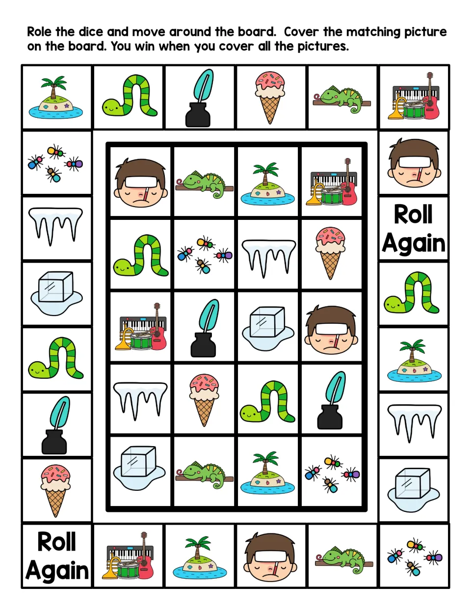 Letter I picture board game in color: students roll, move and cover matching island, ink, ice cream and icicle pictures