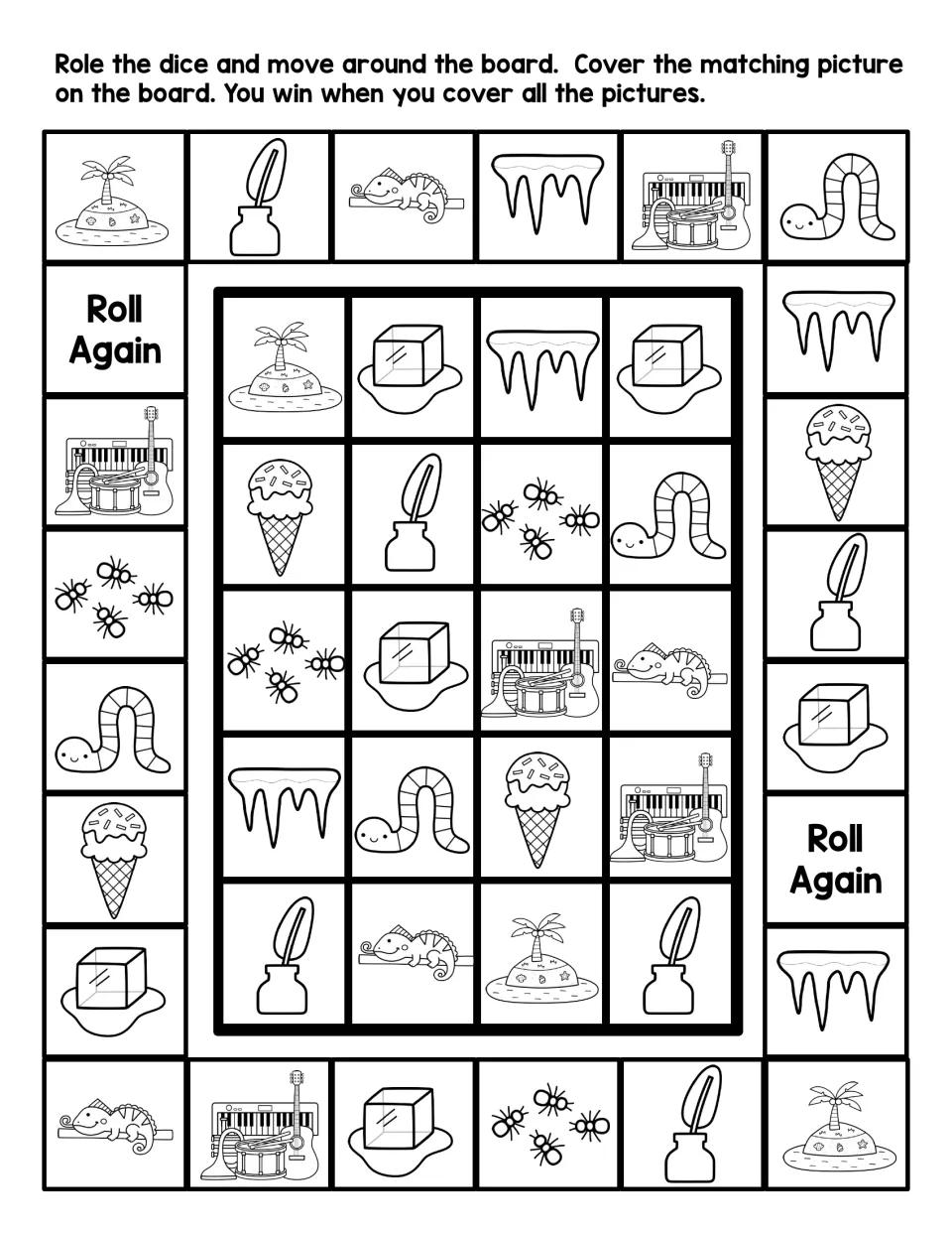 Black-and-white letter I board game: students roll, move and cover matching pictures like island, ink, iguana and insects