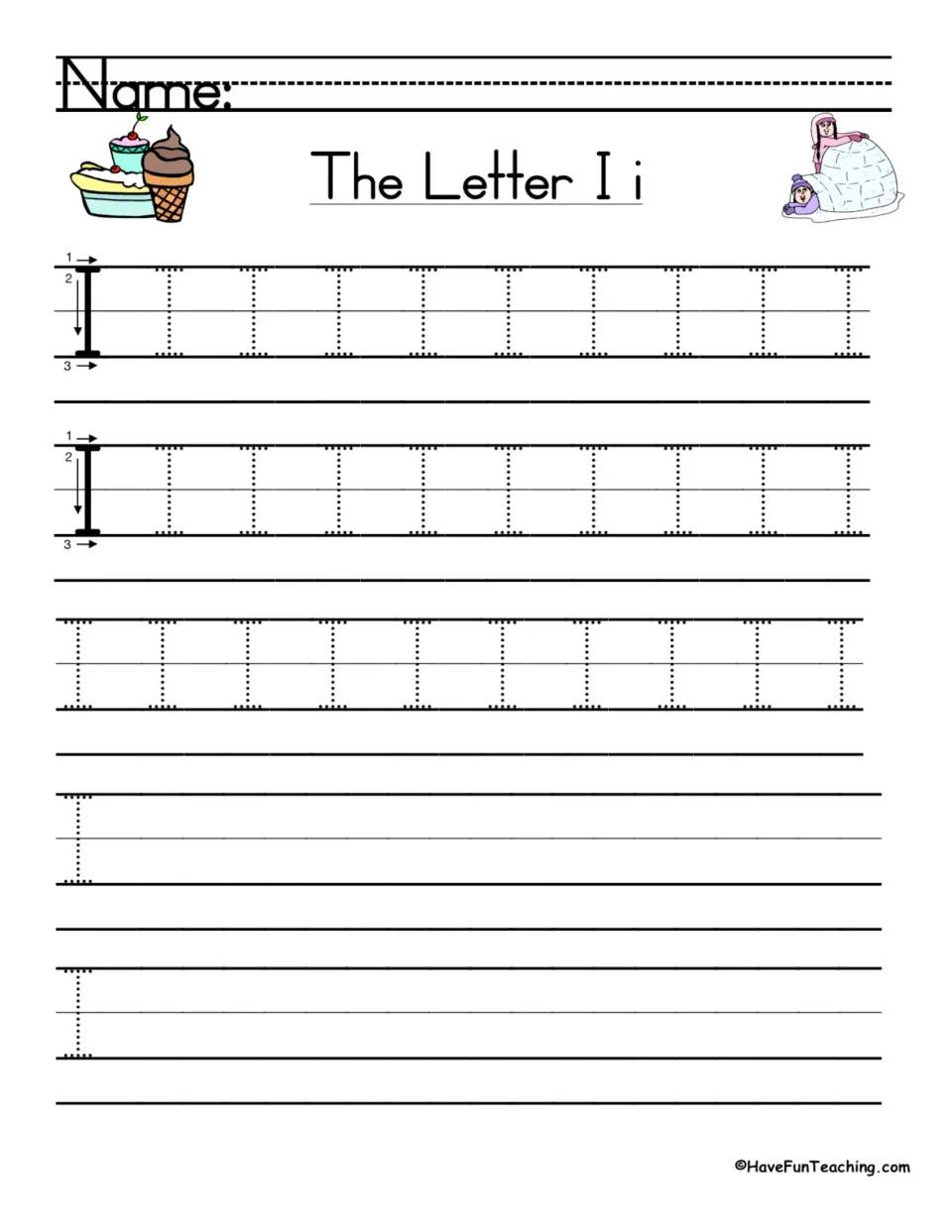 Uppercase I handwriting: students follow numbered stroke arrows, trace dotted capital I rows, then write I on their own
