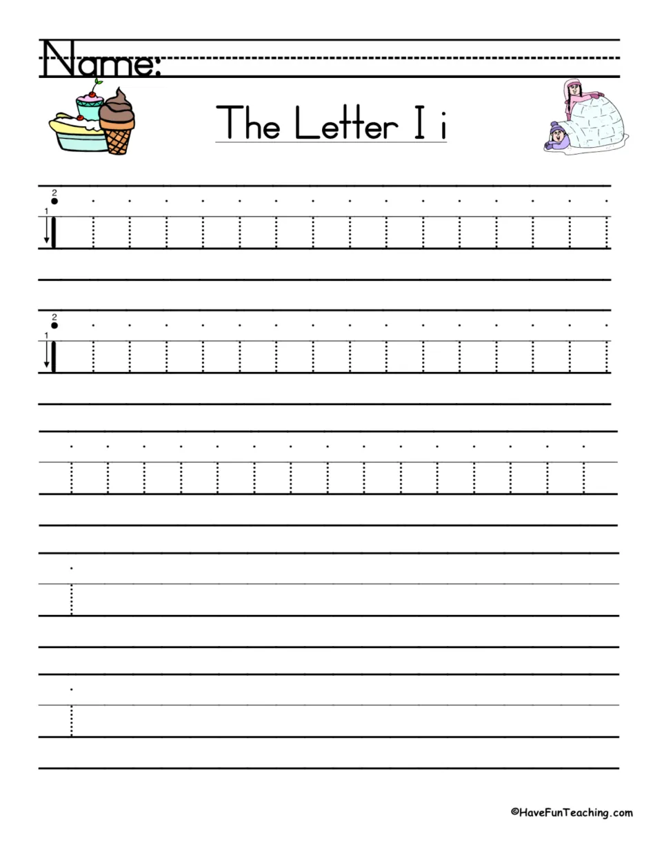Lowercase i handwriting: students trace dotted i rows using the stroke-order guide, then write the letter independently