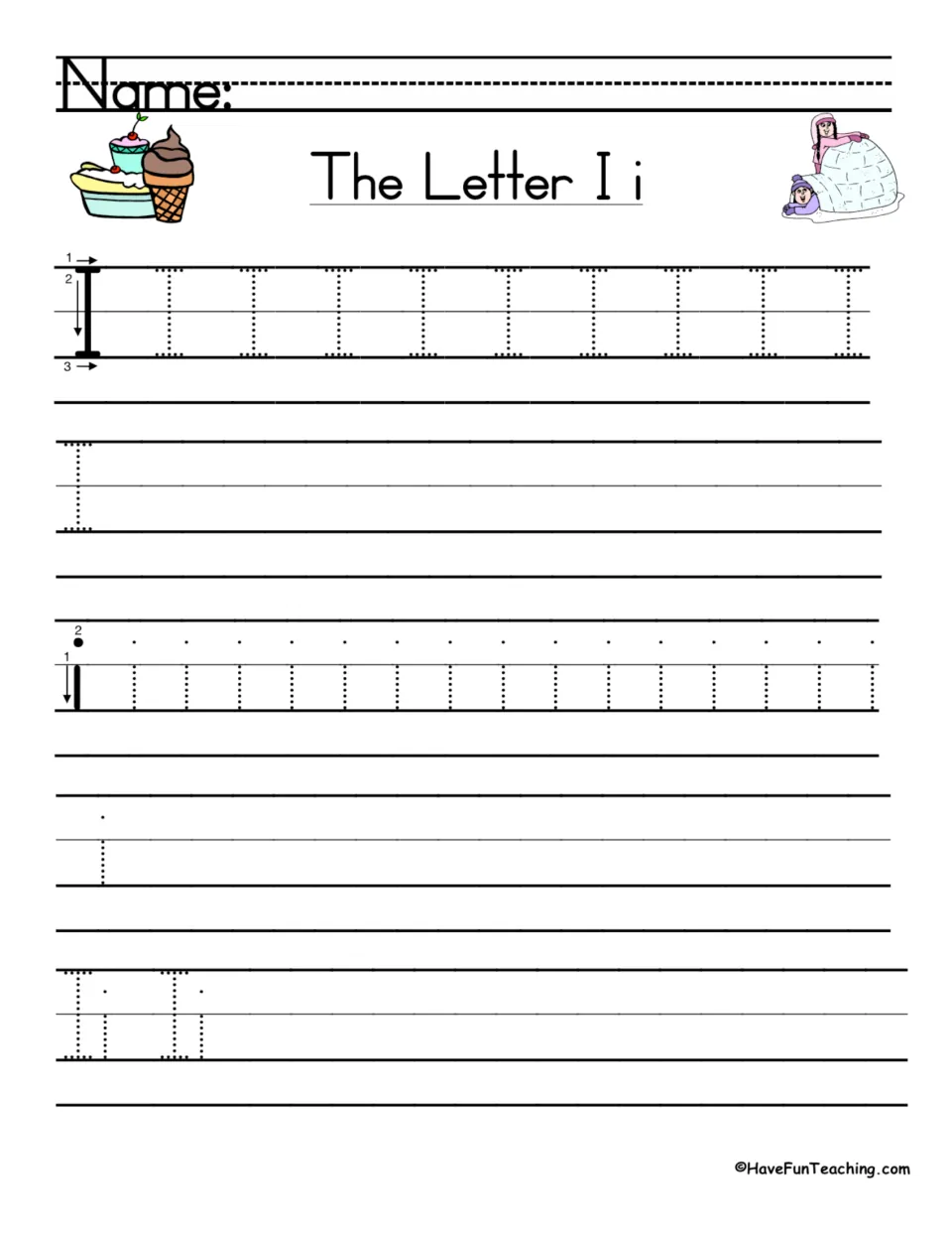Mixed I and i practice: students trace uppercase and lowercase rows, write each alone, then copy the Ii letter pair
