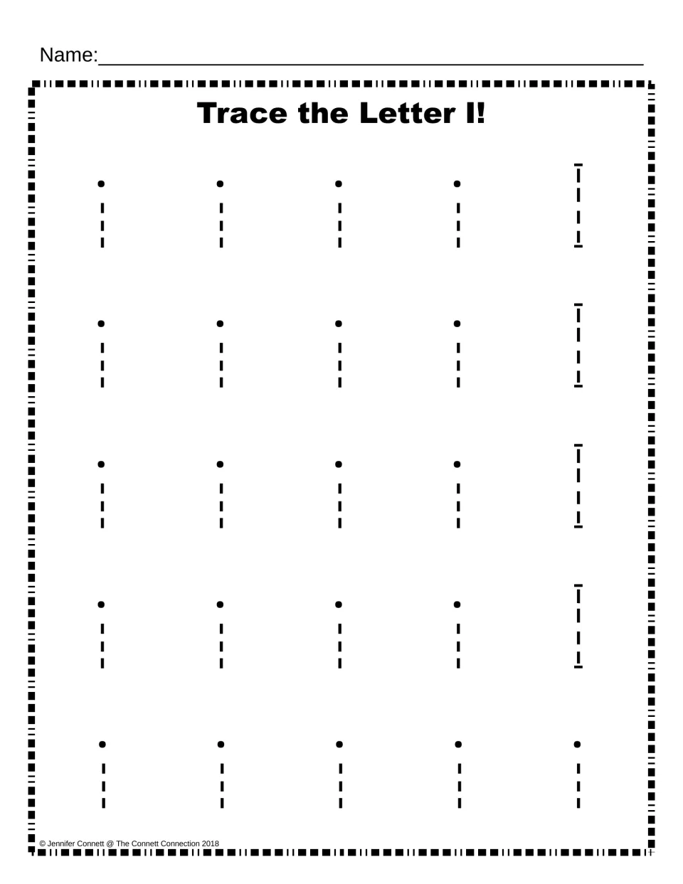 Trace the Letter I: students trace 21 lowercase i letters, each with its dot, and four dashed uppercase I letters