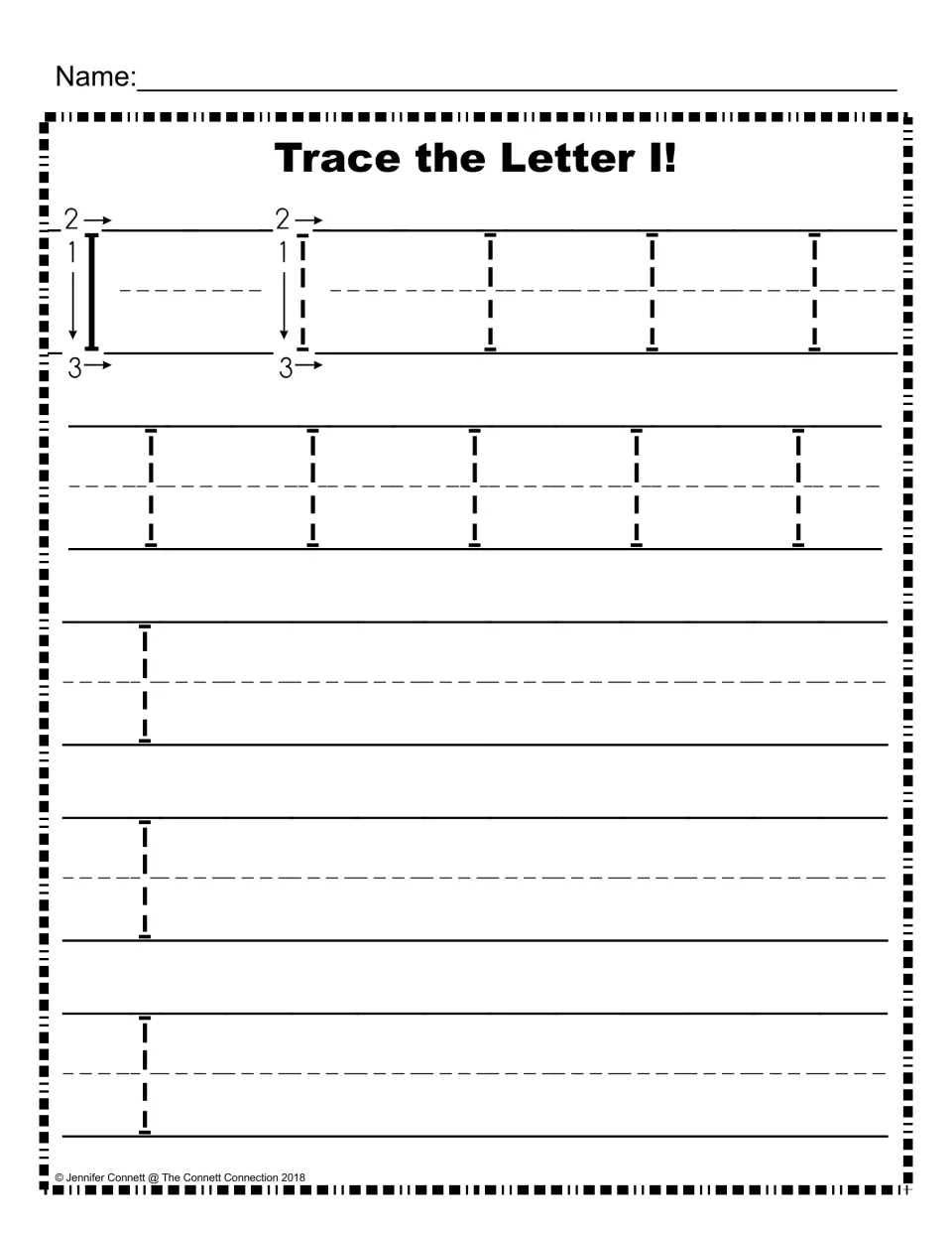 Uppercase I handwriting practice: numbered arrows show stroke order 1-2-3, then students trace I and write their own