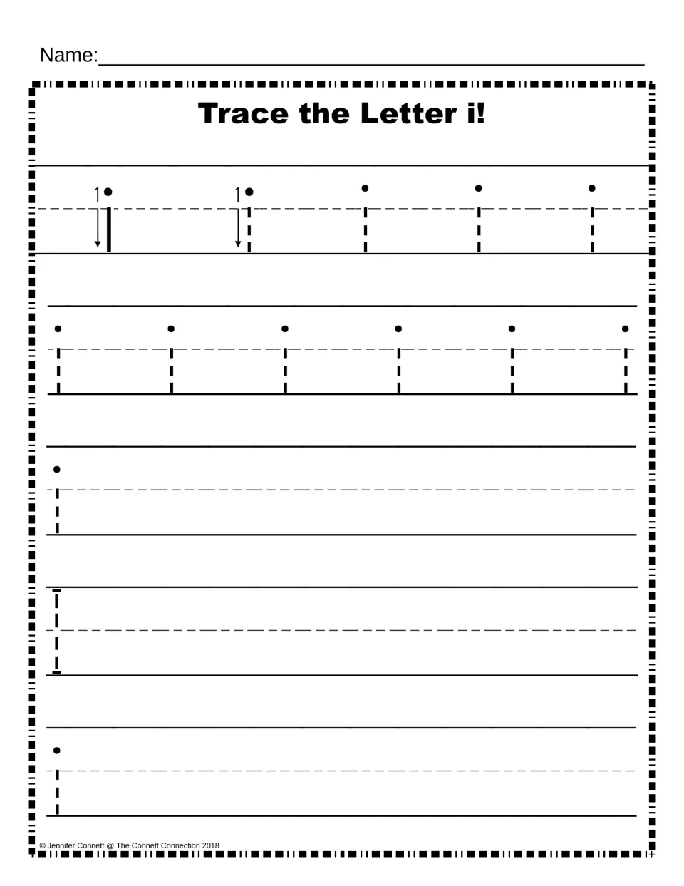 Trace the Letter i: a numbered arrow models the downstroke, then students trace lowercase i and write more on their own