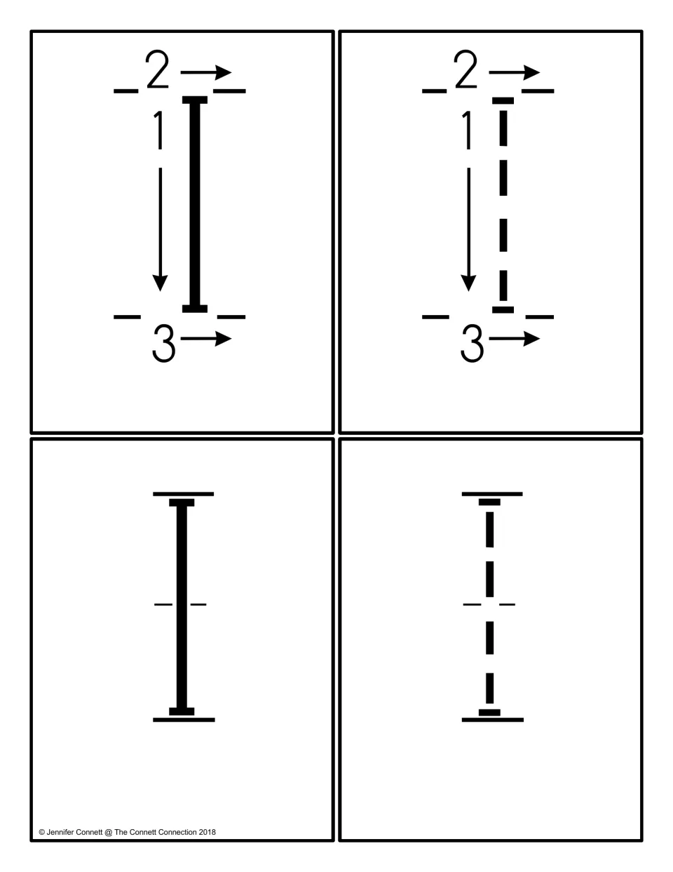 Uppercase I cards: a solid and a dashed I with numbered stroke-order arrows, plus a plain solid I and a dashed I to trace