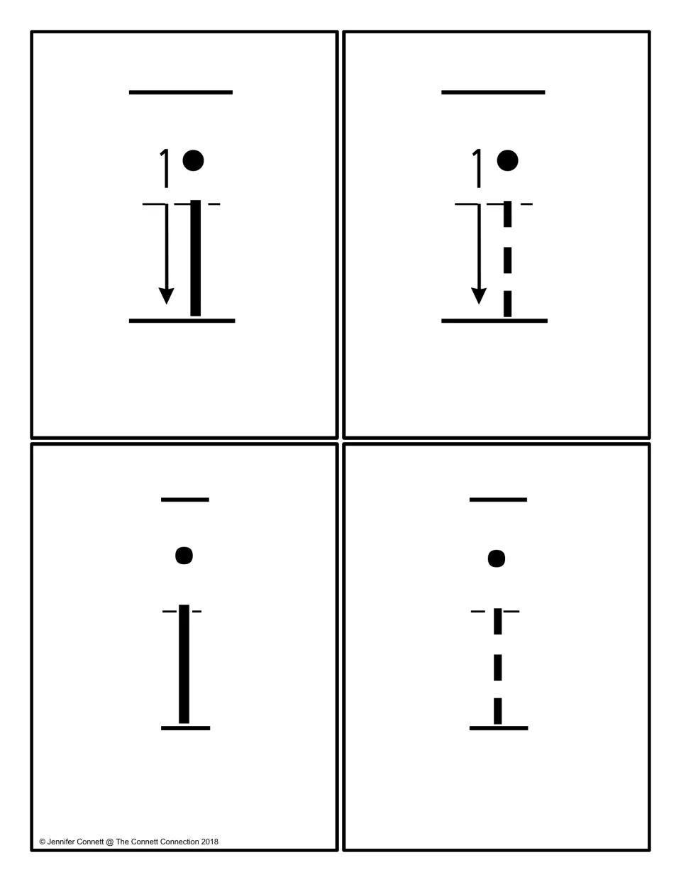 Lowercase i cards: solid and dashed i with a numbered downstroke arrow, plus a plain solid i and a dashed i to trace
