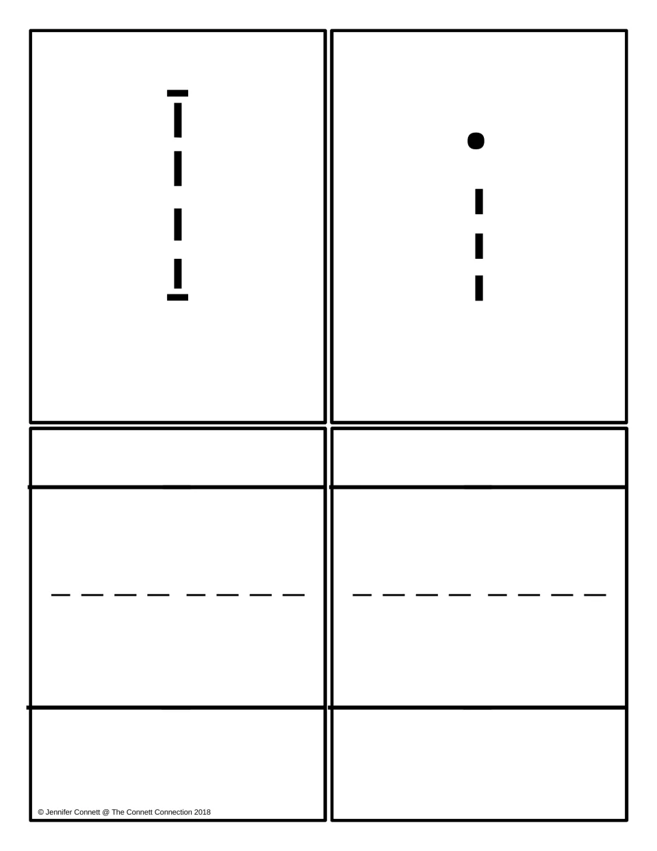 Letter I and i tracing cards: one dashed uppercase I, one dashed lowercase i, and two blank cards for free writing