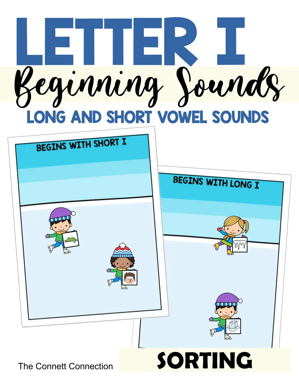 Letter I beginning sounds cover: sorting long and short vowel sounds onto two ice-rink mats with skater picture cards