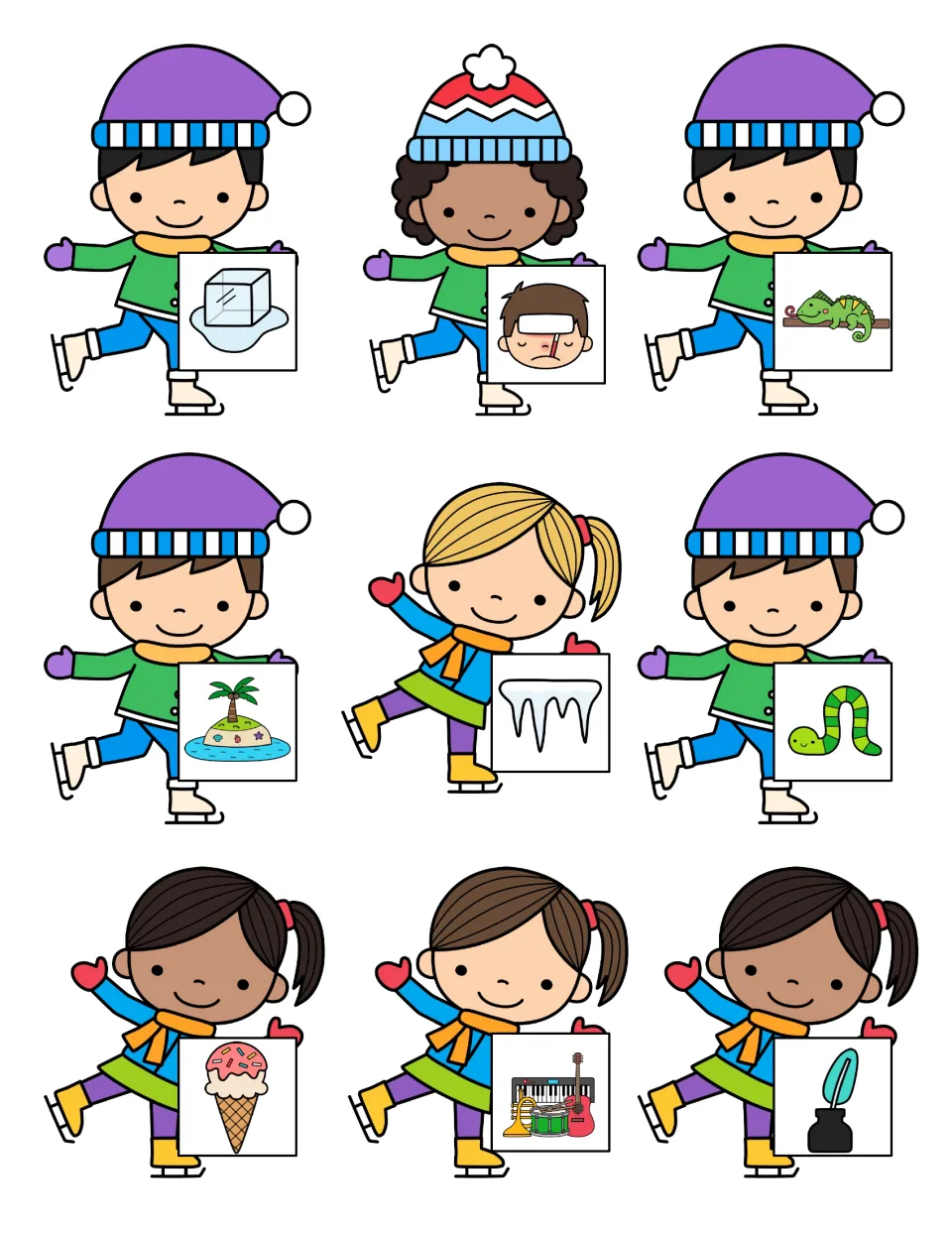 Cut-out letter I cards: nine skaters hold ice cube, island, icicle, inchworm, ice cream, instruments, ink and more