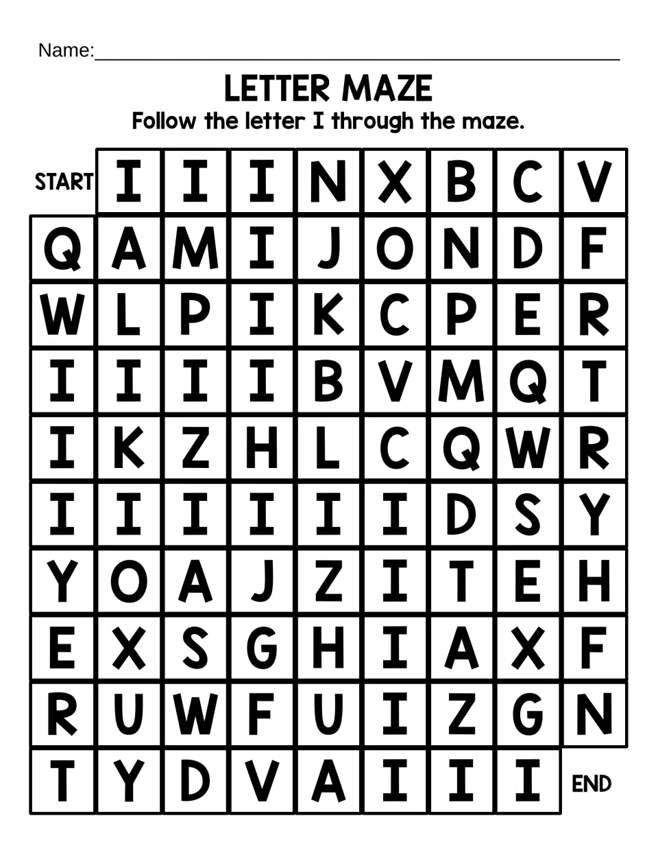 Uppercase I recognition maze: students follow a path of capital I letters from START to END among 90 mixed letters