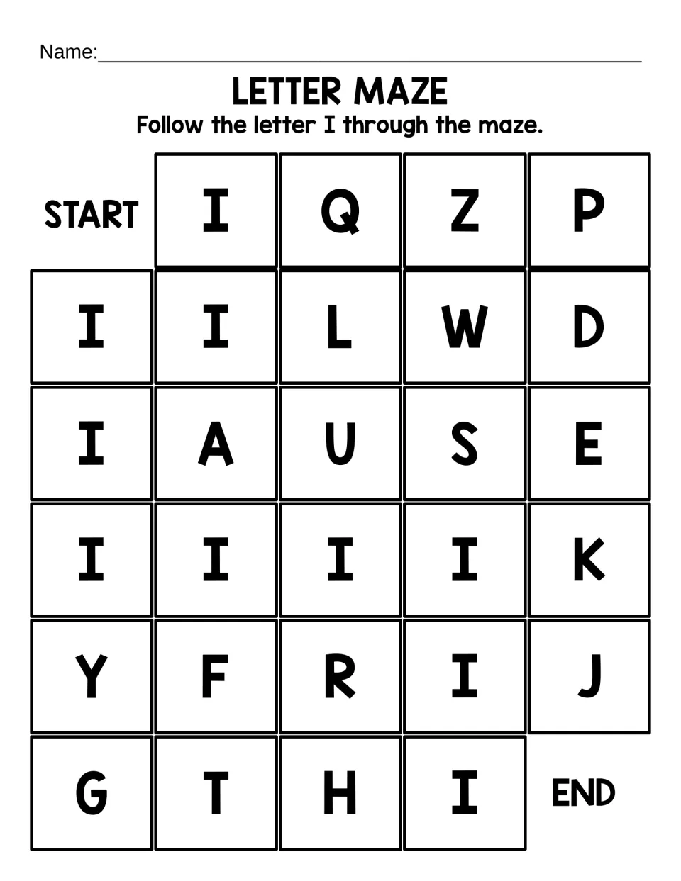 Capital I path-finding: students trace each uppercase I from START to END in a shorter maze of 30 large letters