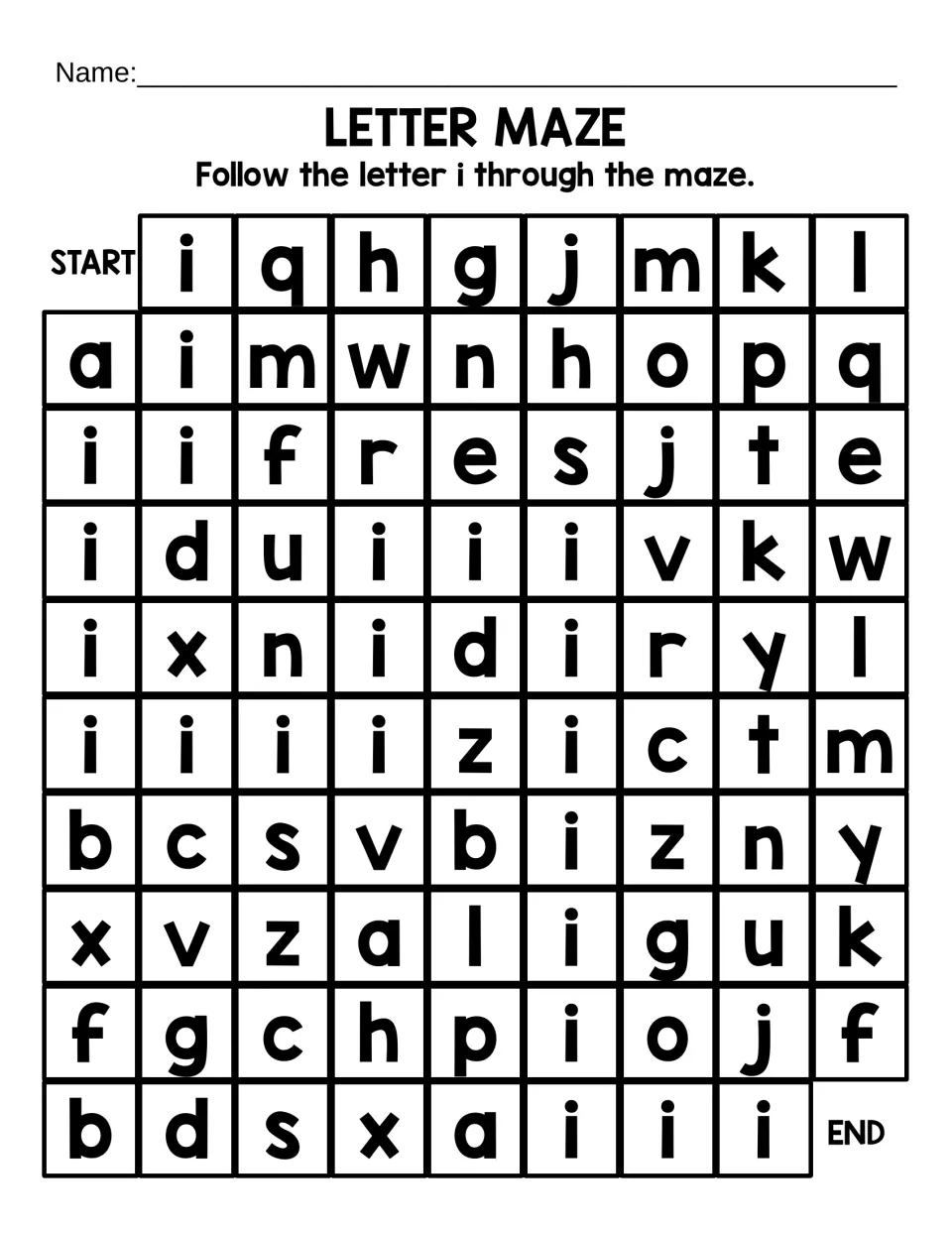 Lowercase i recognition maze: students follow the small letter i from START to END while passing over other letters