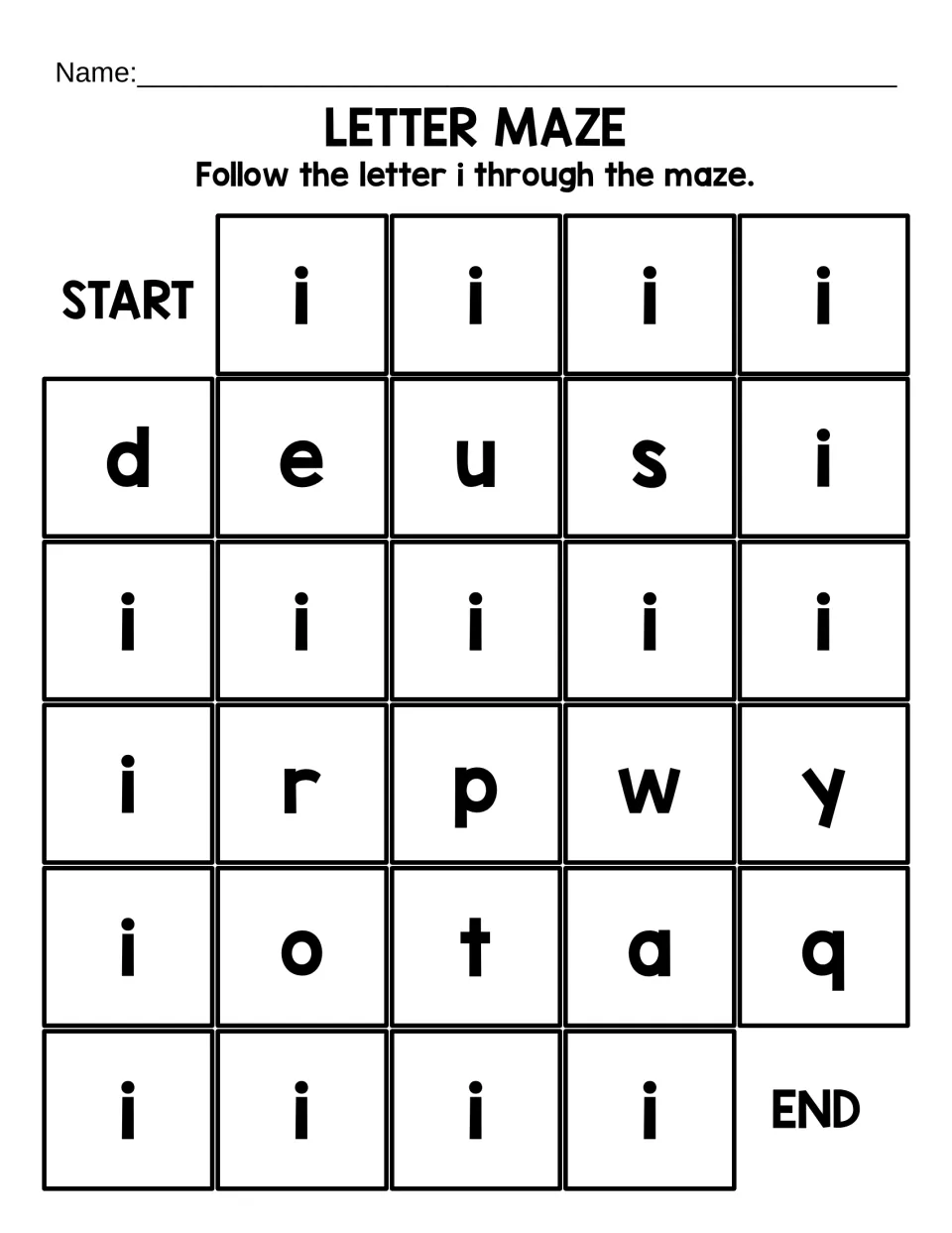 Lowercase i path: students trace a winding route of small i letters from START to END in a short maze of 30 large letters
