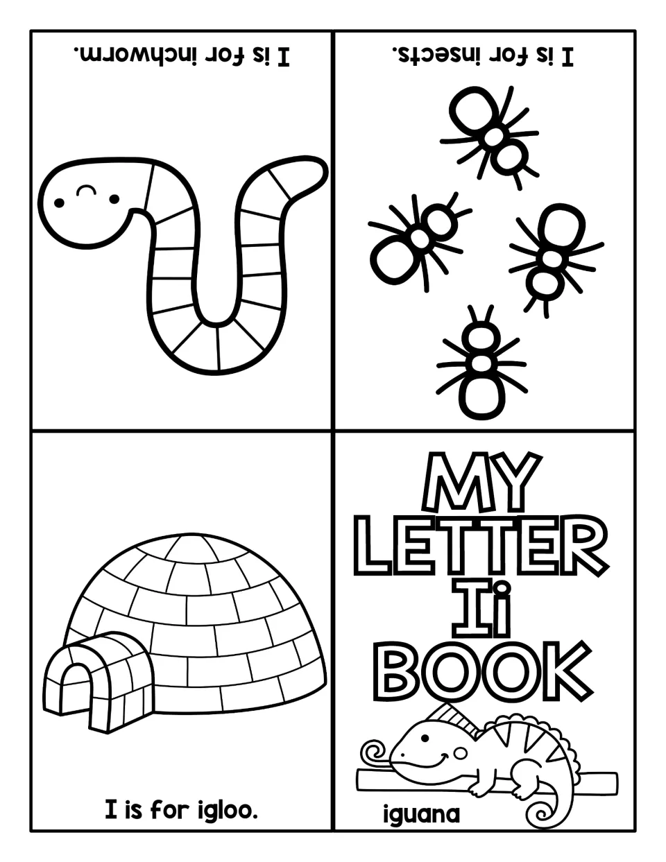 Letter I fold-up book: My Letter Ii Book cover with iguana, plus coloring pages for igloo, insects and inchworm