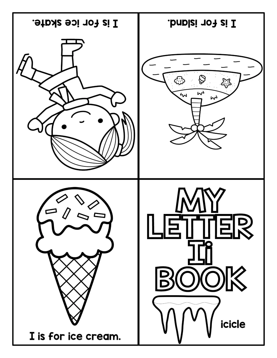 Second letter Ii fold-up book: icicle cover, then I is for ice cream, island and ice skate pages for coloring