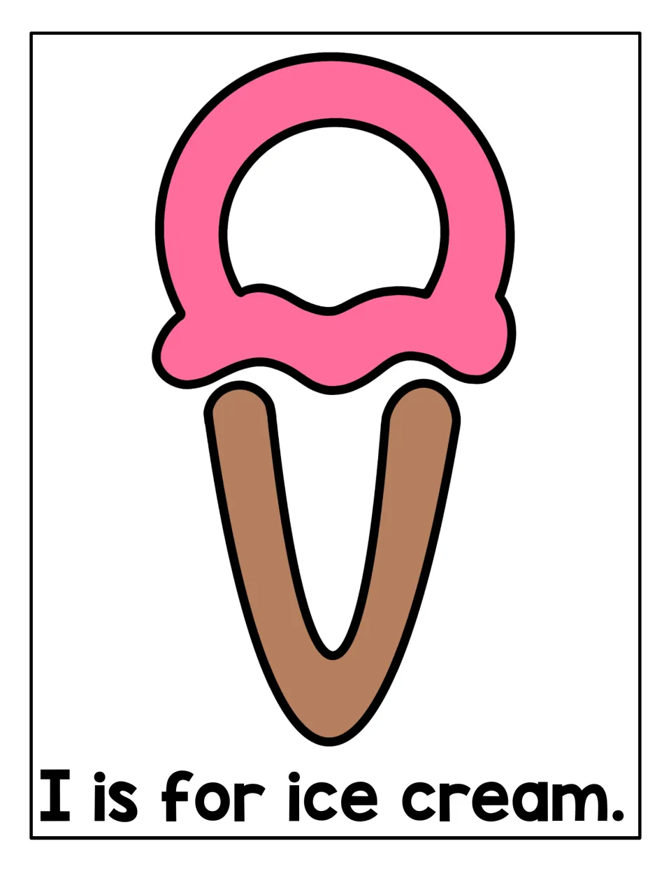 Letter I sound mat: pink ice cream scoop on a brown cone outlined for playdough, with the sentence I is for ice cream.