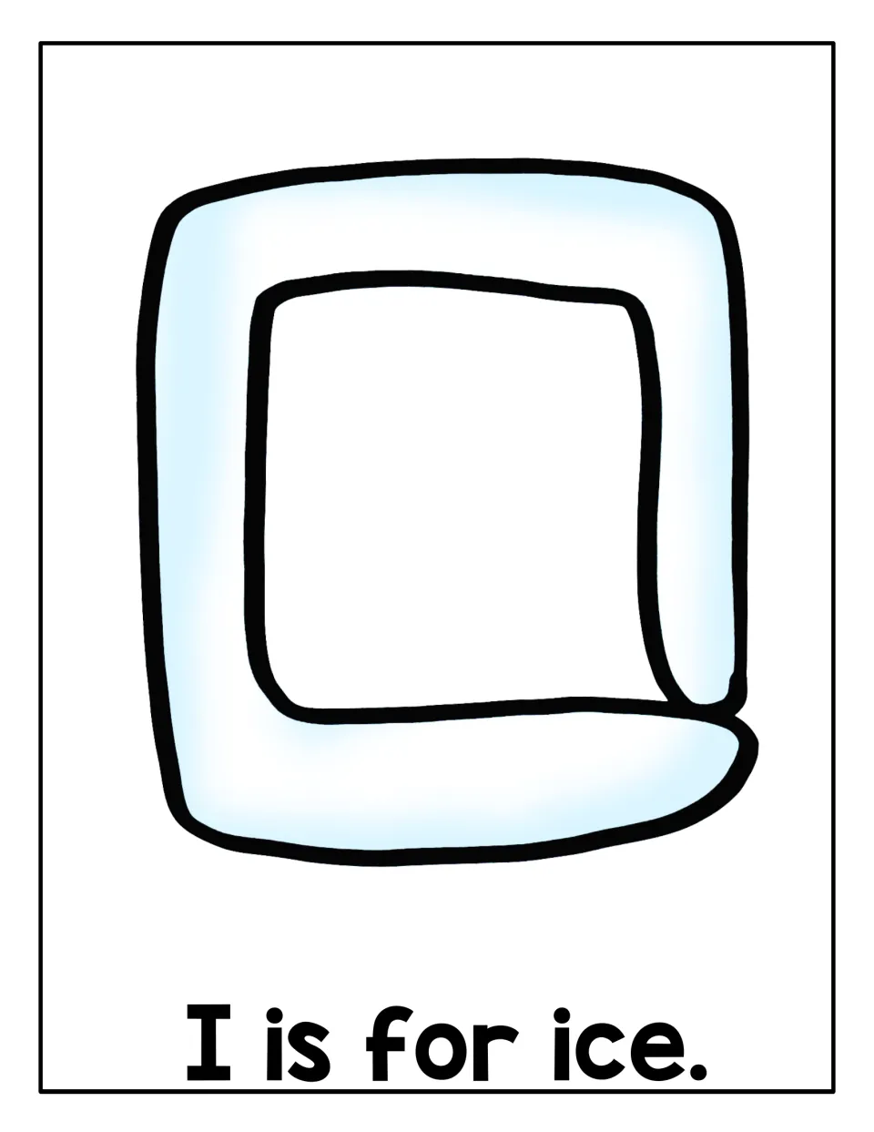 Letter I sound mat: a large pale blue ice cube outlined for filling with playdough, above the sentence I is for ice.