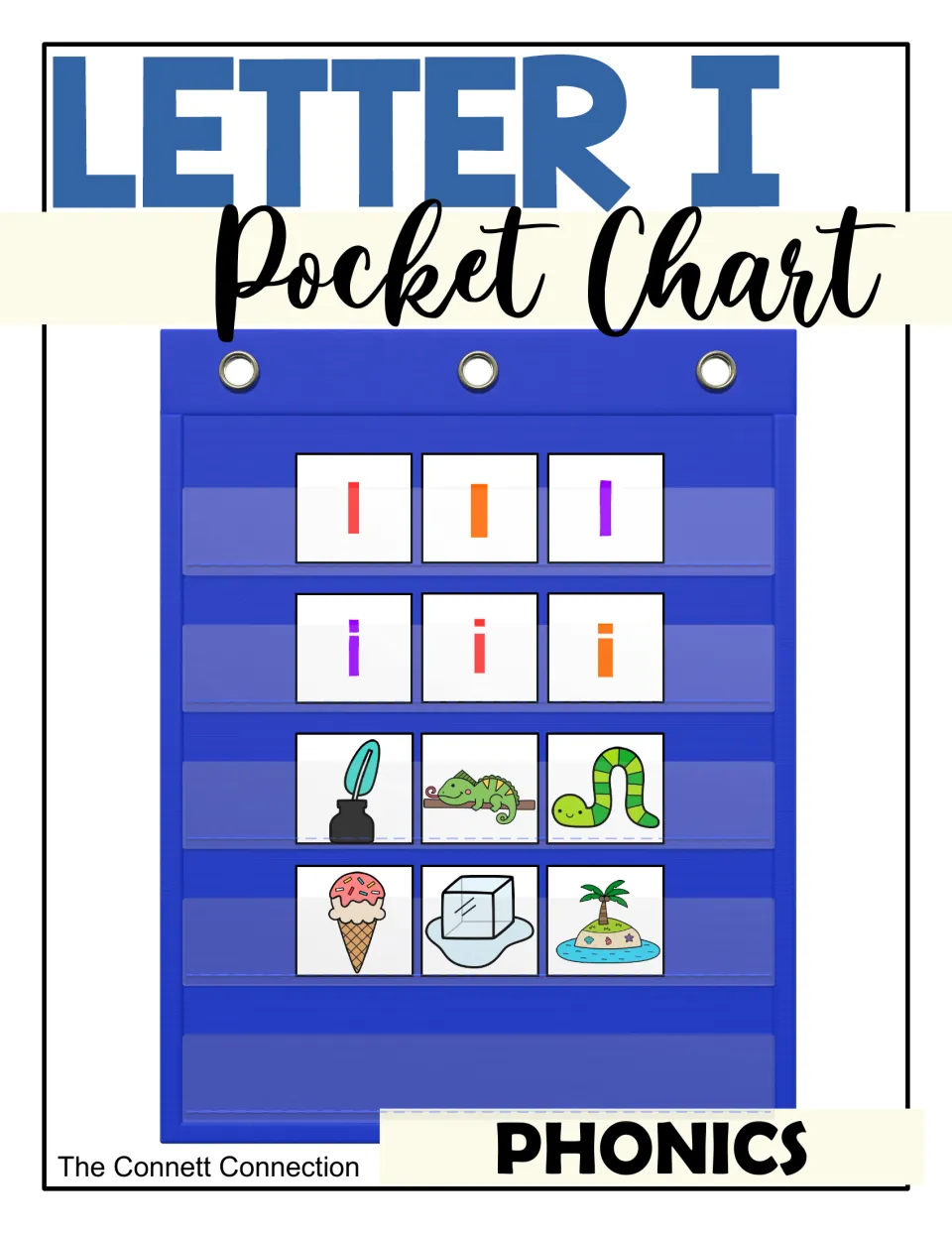 Letter I Pocket Chart phonics cover: uppercase I and lowercase i cards plus ice cream, ice, island and inchworm pictures
