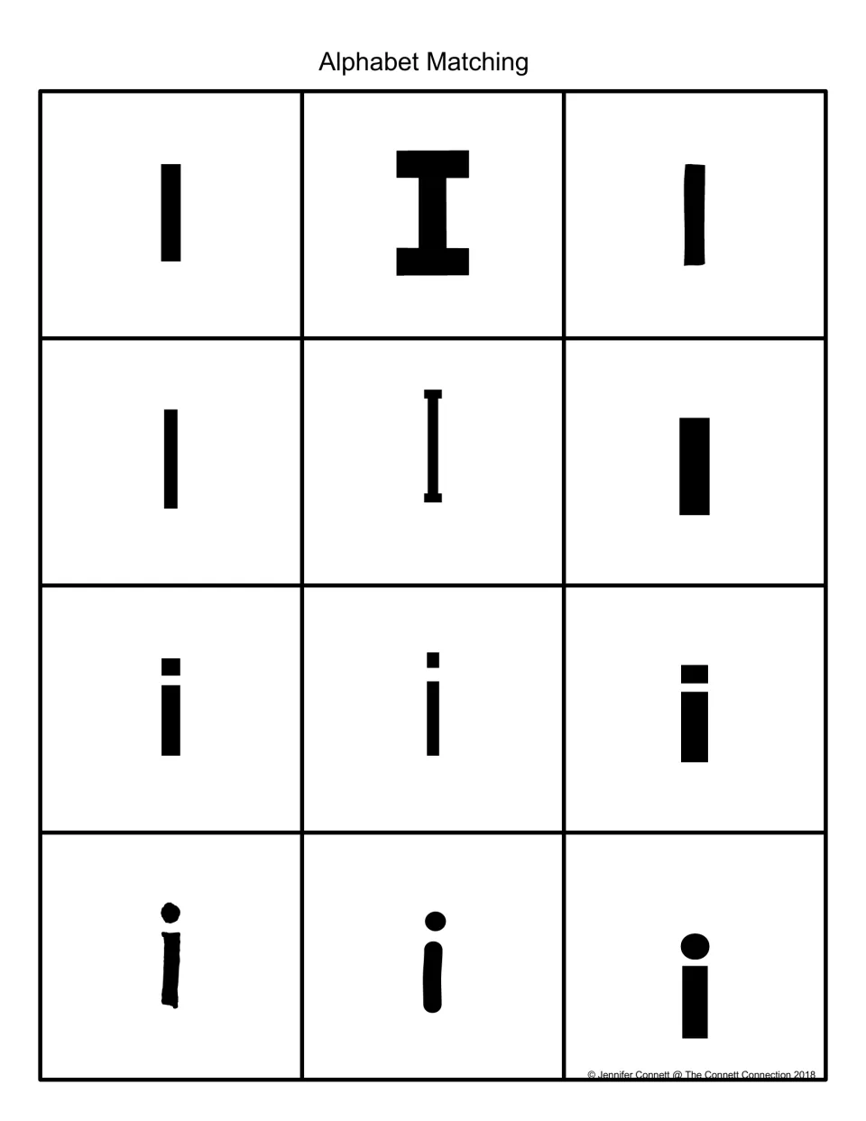 Alphabet matching in black: six uppercase I and six lowercase i cards in varied fonts for matching capital to small letters