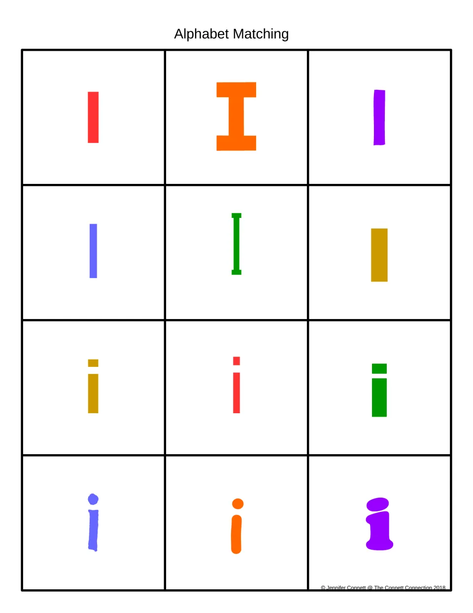 Alphabet matching in color: uppercase I and lowercase i cards in varied fonts and colors for letter recognition