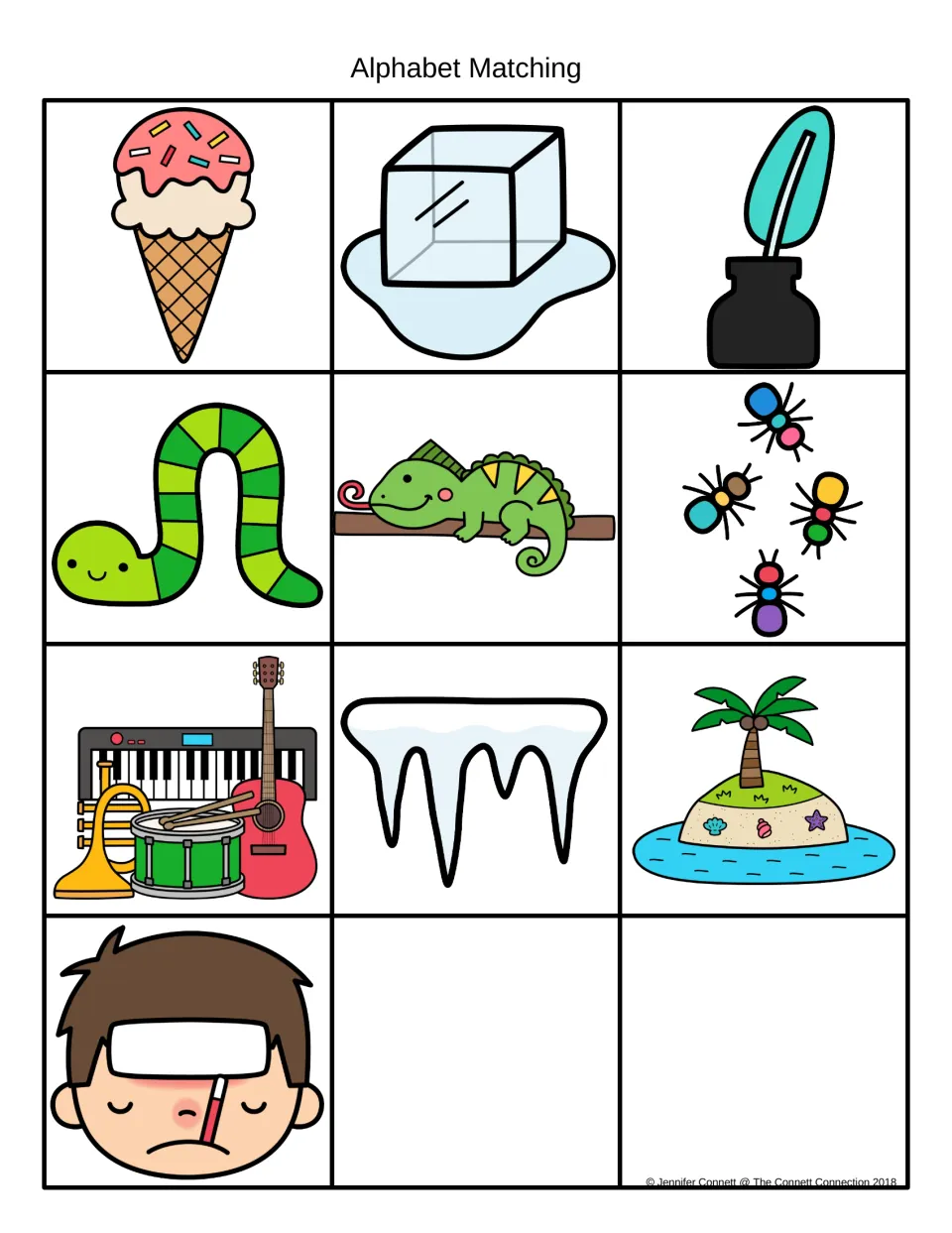 Beginning sound I picture cards: ice cream, ice, ink, inchworm, lizard, insects, instruments, icicles, island, sick child