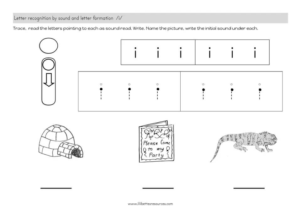 Letter i sound /i/: students trace and read rows of i, then write the first sound under an igloo, invitation and iguana