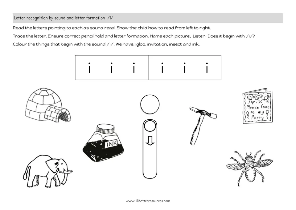 Initial sound /i/: students read and trace i, colour the igloo, ink, insect and invitation but not the elephant or hammer