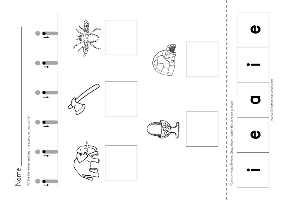 Matching first letters: students cut out i, e and a tiles and stick each under insect, axe, elephant, igloo or egg cup