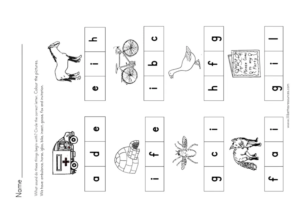 Beginning sounds quiz: students circle the first letter for eight pictures such as ambulance, horse, igloo and fox