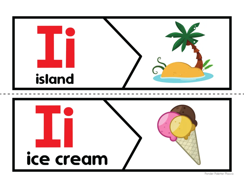 Letter I beginning sound: students cut apart and match Ii word halves for island and ice cream to their pictures