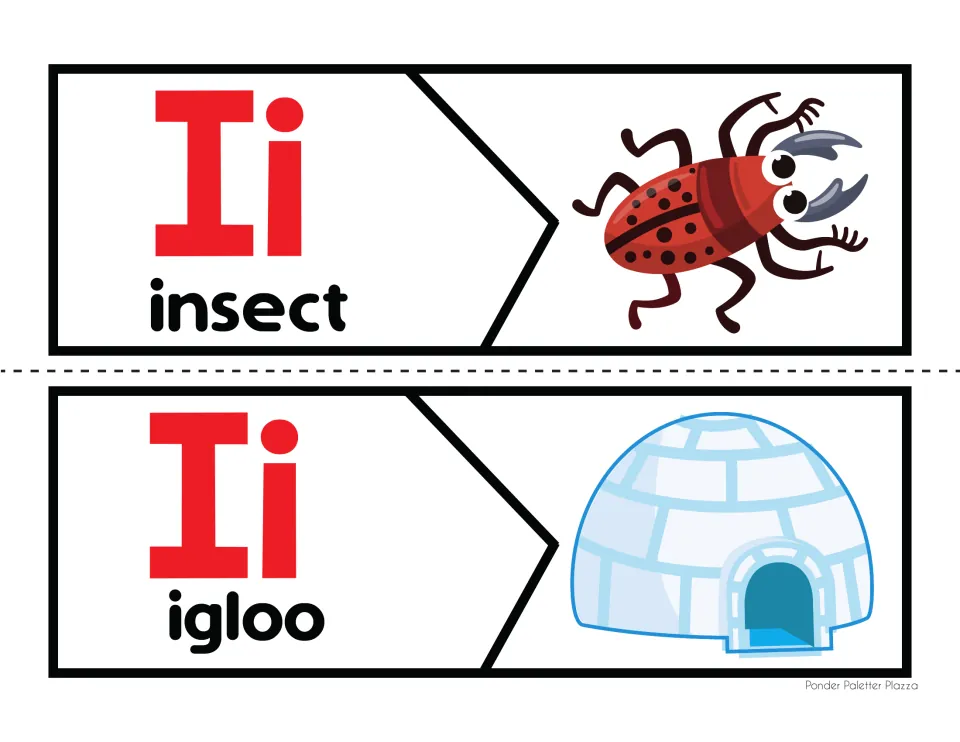 Short i beginning sound: students join two-piece puzzles pairing the words insect and igloo with their pictures