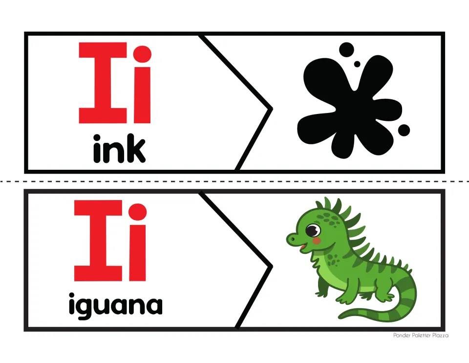 Initial i sound puzzles: students match the word pieces ink and iguana to an ink splat and a green iguana
