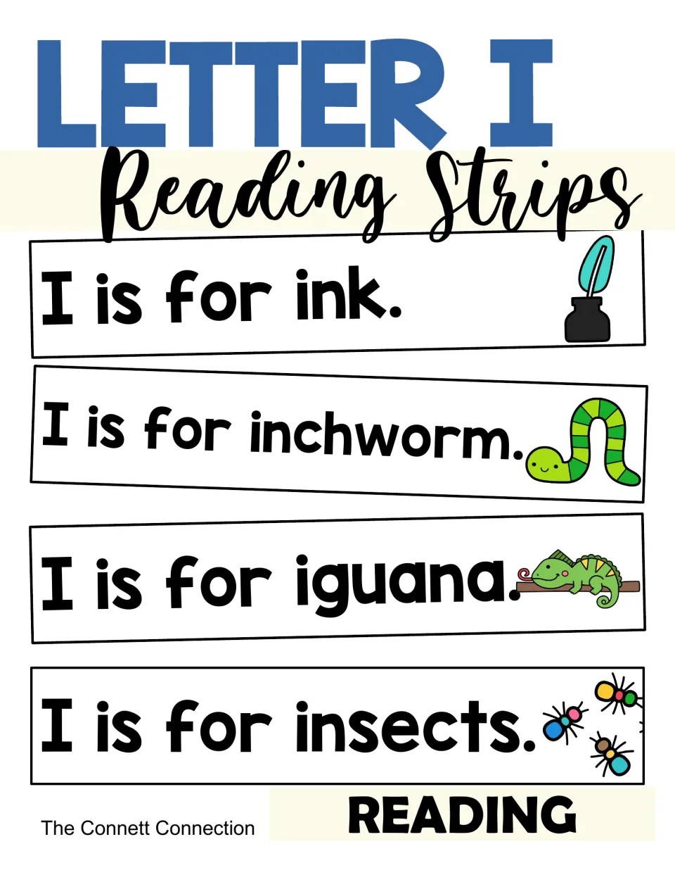 Letter I Reading Strips cover showing sample strips: I is for ink, inchworm, iguana and insects, each with a picture