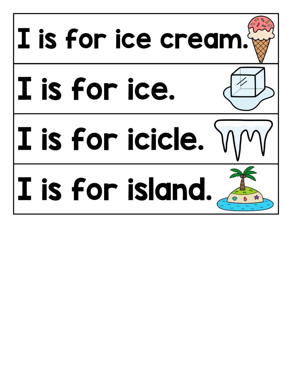 Long-i words to read: four picture-cued strips saying I is for ice cream, ice, icicle and island