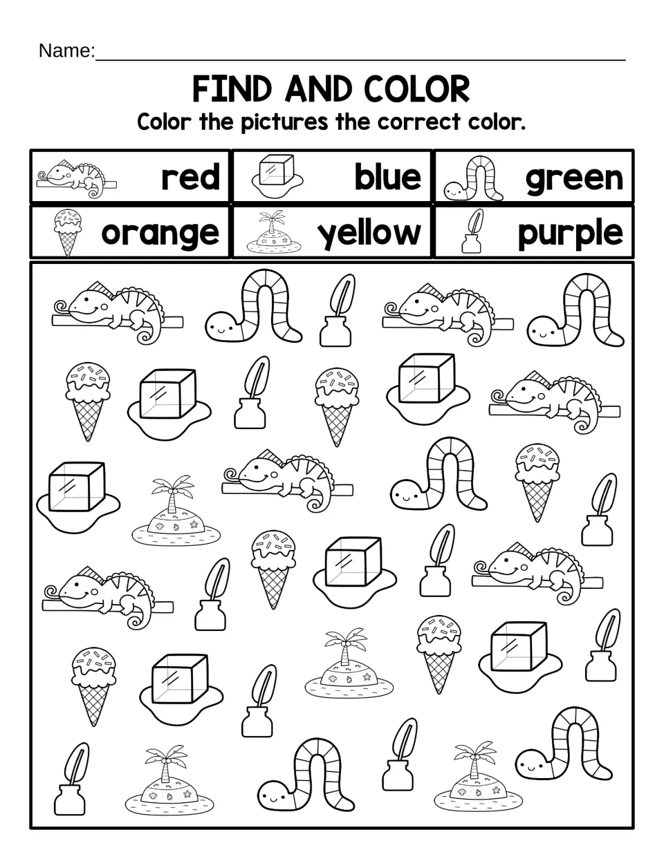 Find and Color: iguanas red, ice blue, inchworms green, ice cream orange, islands yellow, and ink purple.